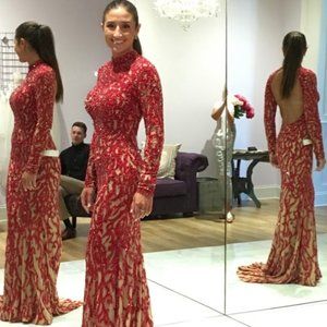 Custom Jovani Red beaded evening gown